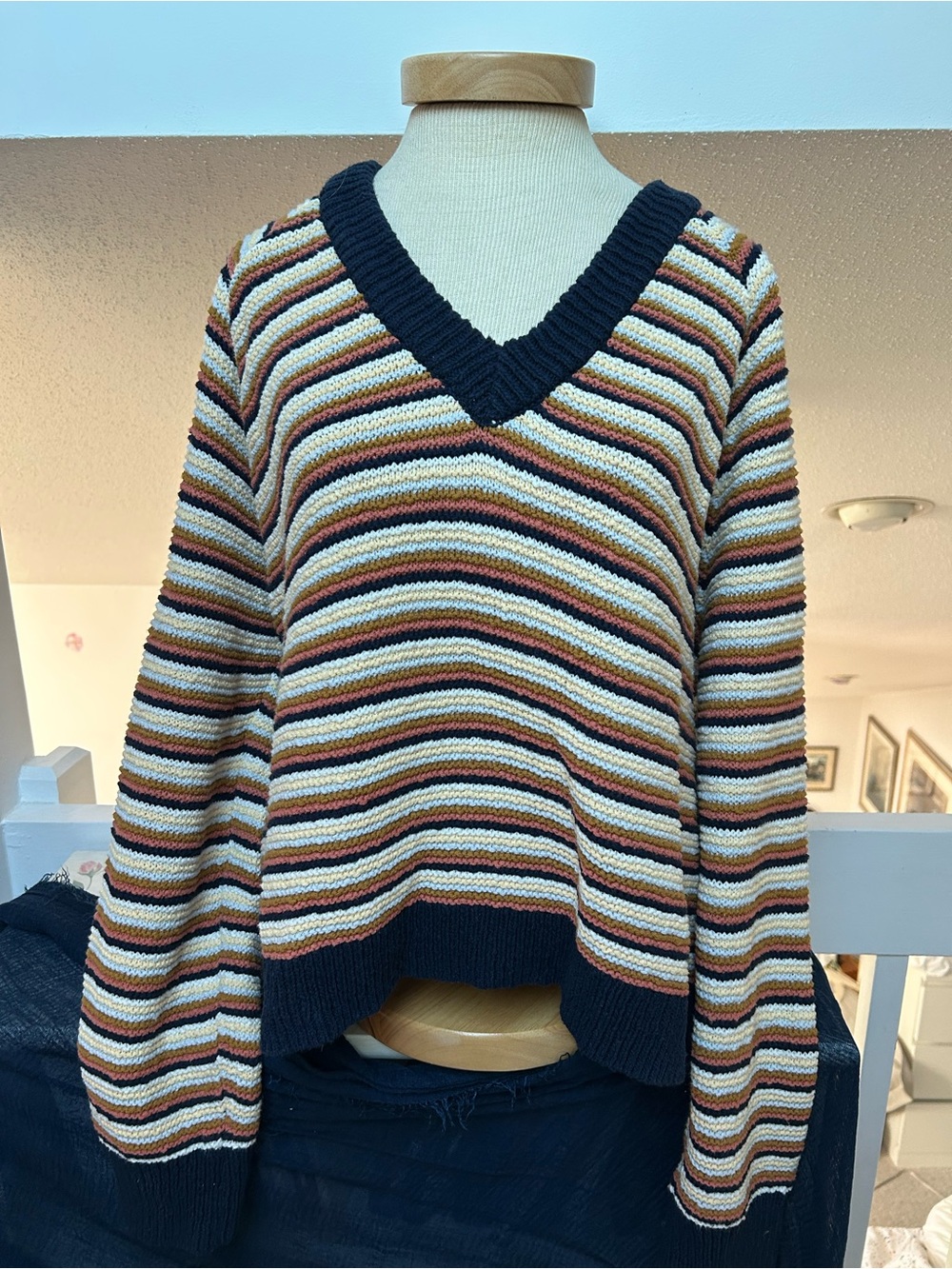 Madewell Striped V-Neck Sweater in Navy, Cream & Rust